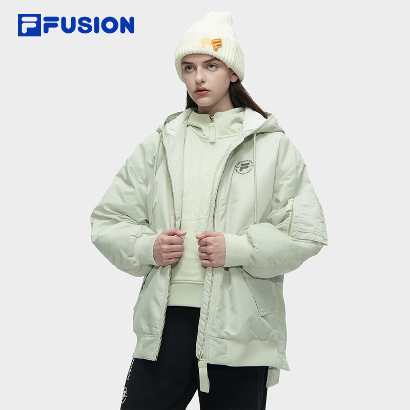 FILA 斐乐 FUSION斐乐潮牌棉服女冬时尚休闲宽松保暖连帽外套 茶摩绿-LG 170/88A/L