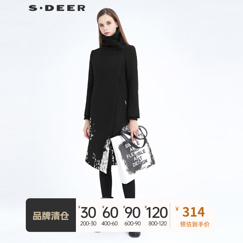S.DEER圣迪奥女装不规则领宽松撞色印花斜襟呢长袖大衣S20481838 黑色/91 S/160