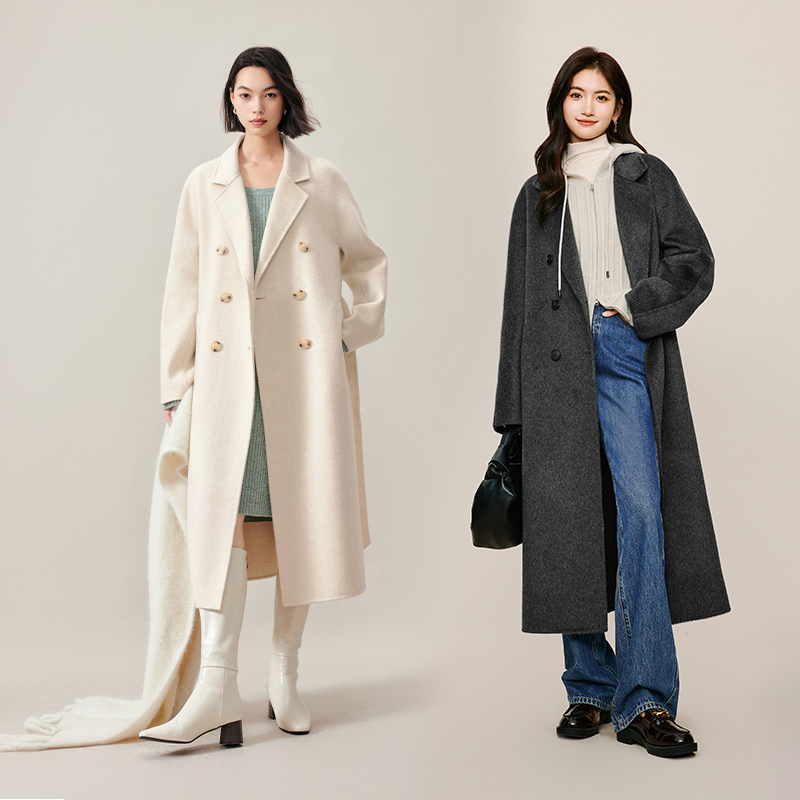 伊芙丽驼绒真丝双排扣千金风收腰长毛双面呢大衣女装呢外套