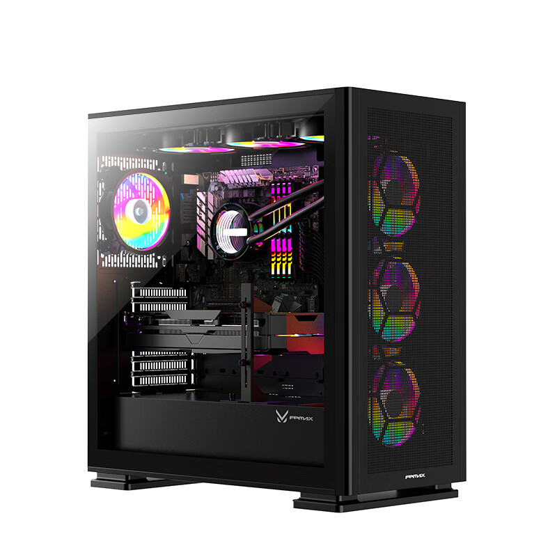 自由之翼H909双重过滤防尘电脑机箱台式机钢化玻璃侧透式E-ATX/ATX主板420/360水冷支持无螺丝快拆 黑色 自由之翼 黑色（送4把ARGB风扇）