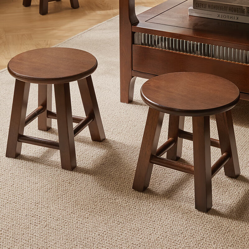JIAYI 家逸 实木凳子家用矮凳新中式创意茶几凳客厅换鞋凳简约小板凳垫脚凳 胡桃色圆凳