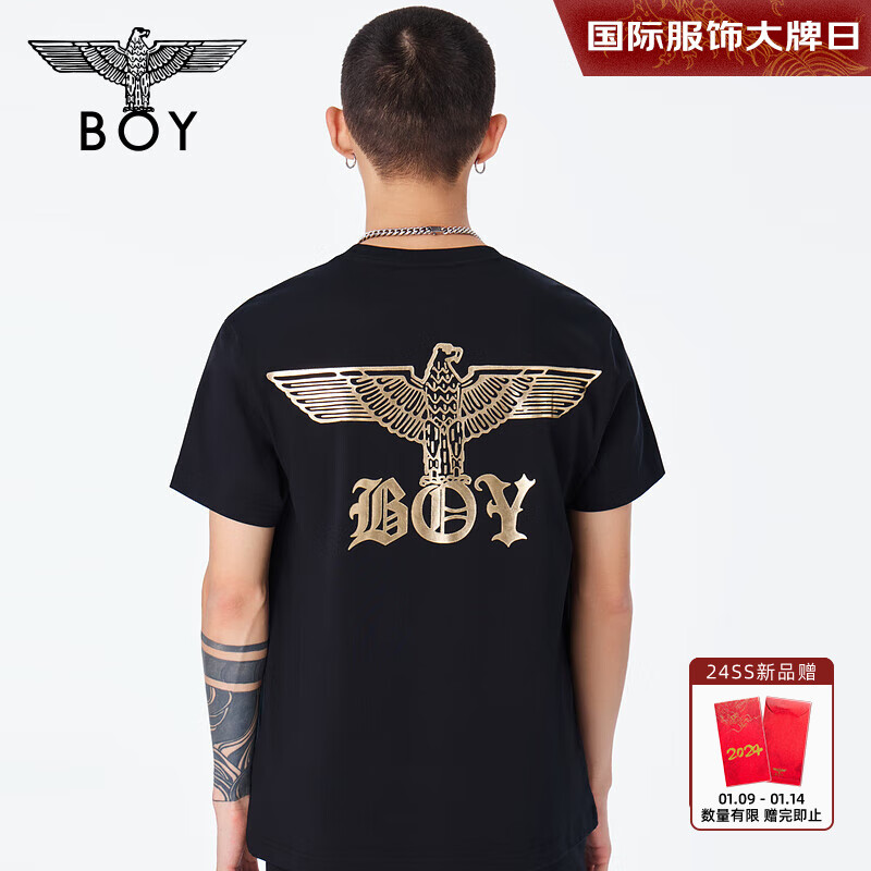 BOY LONDON 春男女同款短袖仿烫金工艺环形字母印花老鹰后背潮牌T恤N01903 黑色 XS