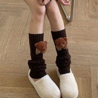花思妍日系可爱小熊毛线腿套女童堆堆袜秋冬保暖儿童长筒袜套A10 小熊公仔袜套深棕色 40CM长5-15岁