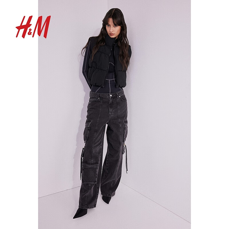H&M女装马甲2024春季短款立领棉背心1215255 黑色 3XS