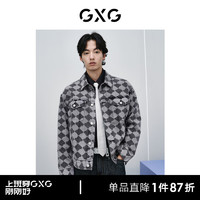 GXG 男装 黑灰格纹牛仔夹克男宽松水洗牛仔外套潮流上衣 24春 黑灰格