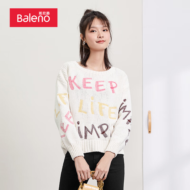班尼路（Baleno）针织衫女时髦个性圆领字母印花韩版毛衣洋气时尚宽松上衣 00W M