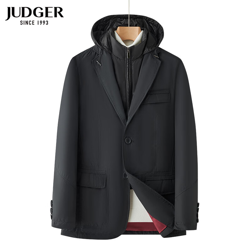 庄吉（Judger）冬季厚款休闲便西服外套防风保暖时尚双层领可拆内帽领便西外套 黑色 175/96A