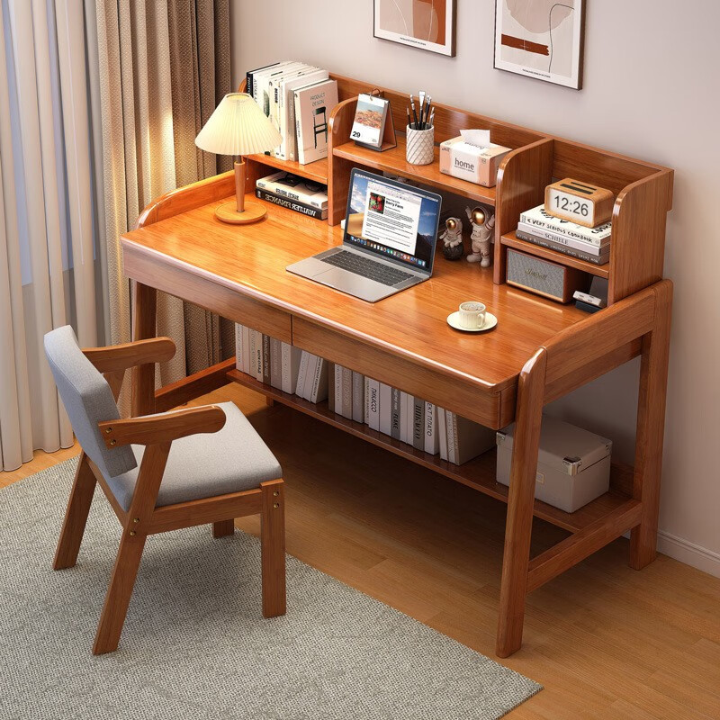 SHICY 实采 小户型书桌书架一体卧室床头写字桌简约家用办公学习桌 胡桃色120cm