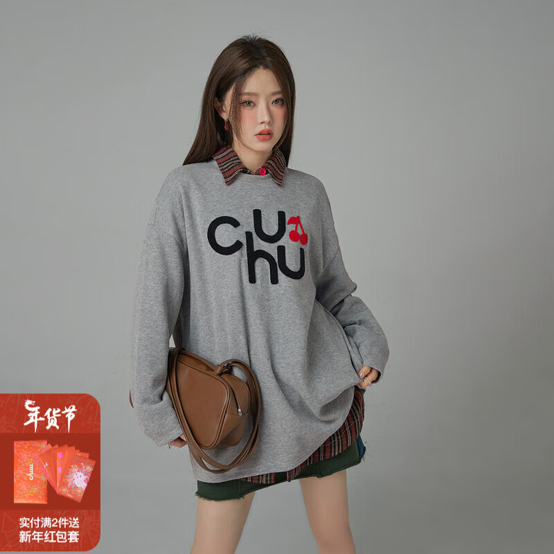 CHUU字母印花T恤女2024春秋季宽松中长款复古运动风樱桃上衣 中花灰 均码