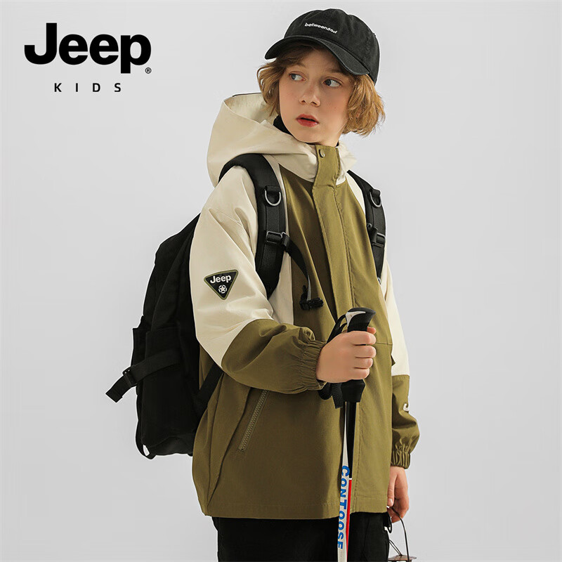 Jeep 吉普 中大童装秋季外套男童棒球服秋装防风衣高中小 军绿 120cm