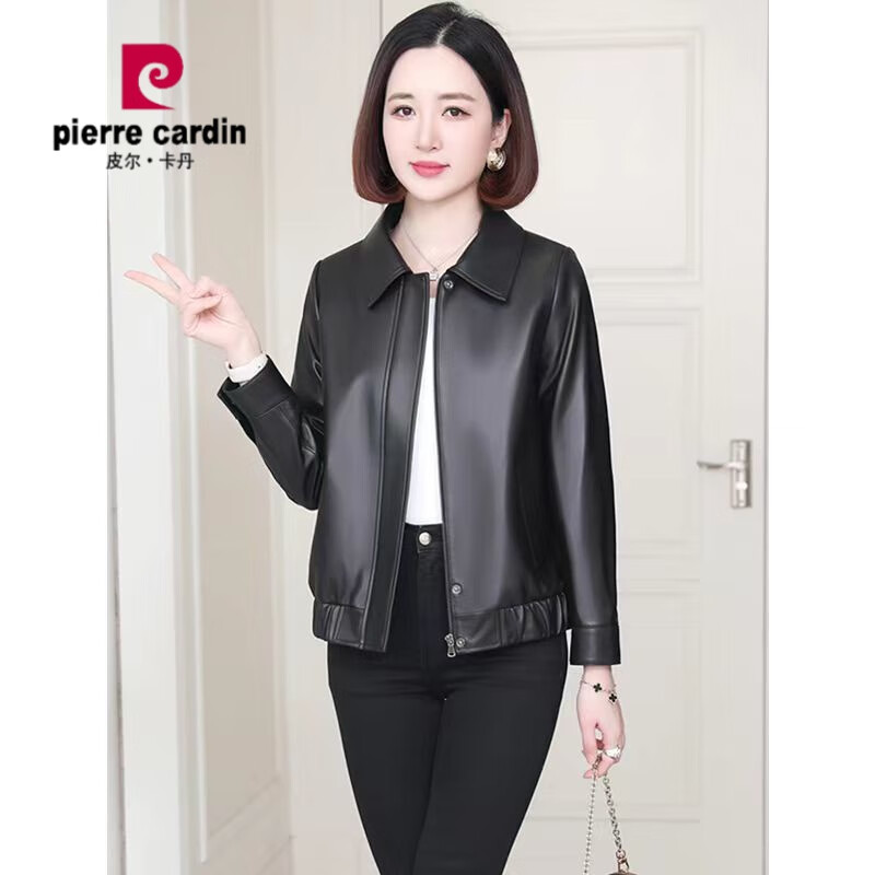 皮尔卡丹（pierre cardin）真皮皮衣外套女士短款冬宽松显瘦时尚百搭皮夹克 黑色 M 90-100斤