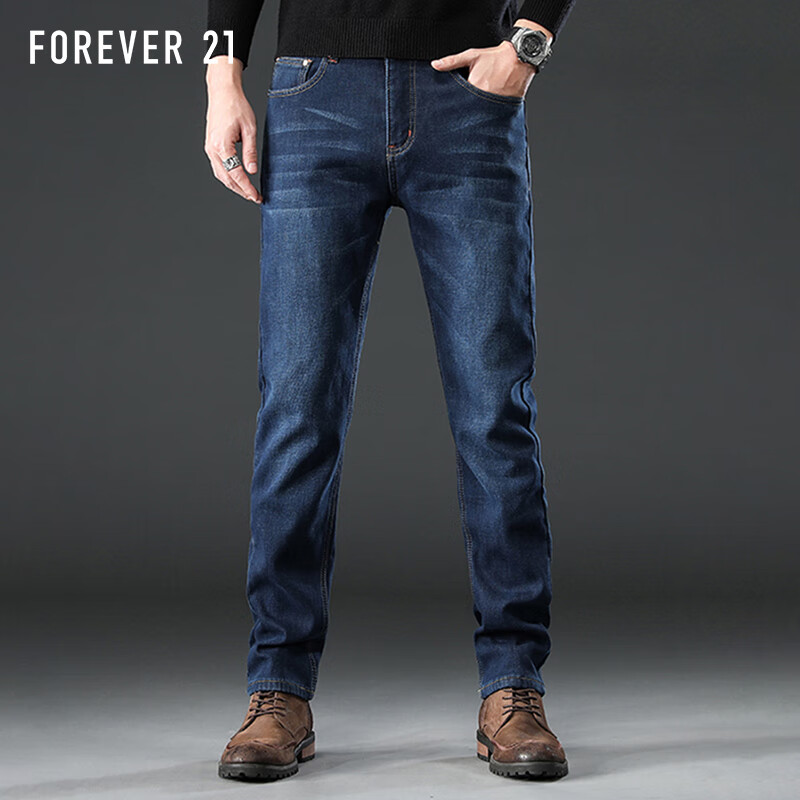 FOREVER 21牛仔裤男宽松舒适商务休闲裤子男士直筒裤修身长裤 经典蓝 31码 