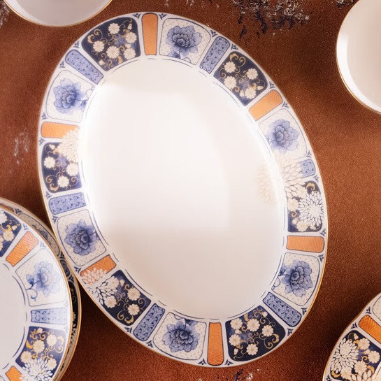 NARUMI/鸣海 ~KIKKA 伊万里 长圆形托盘/圆形调味碟/盘 骨瓷 釉中彩 32cm长圆形盘/52424-1221G礼盒