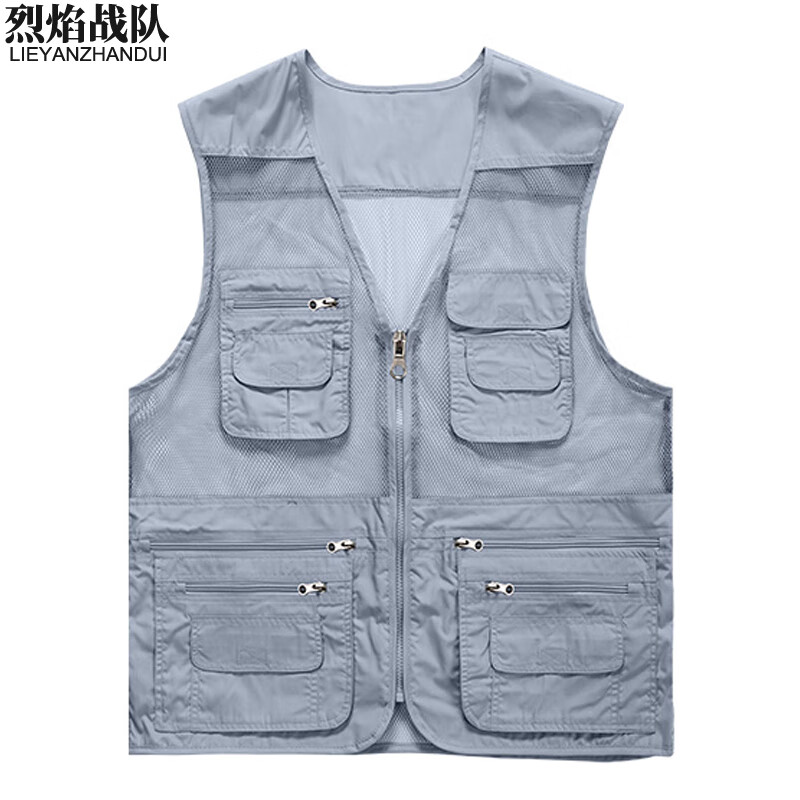 烈焰战队马甲 男士夏季户外薄款多口袋网眼马甲背心 钓鱼摄影工装马夹 灰色 3XL