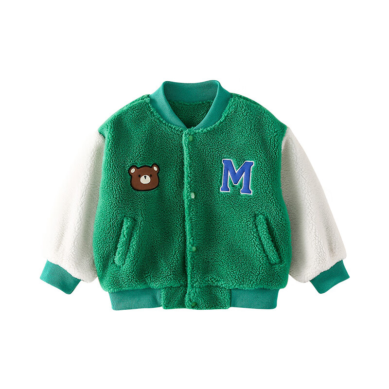 棉花堂 儿童针织绒棒球外套宝宝保暖上衣舒适卡通童装 绿色 110cm
