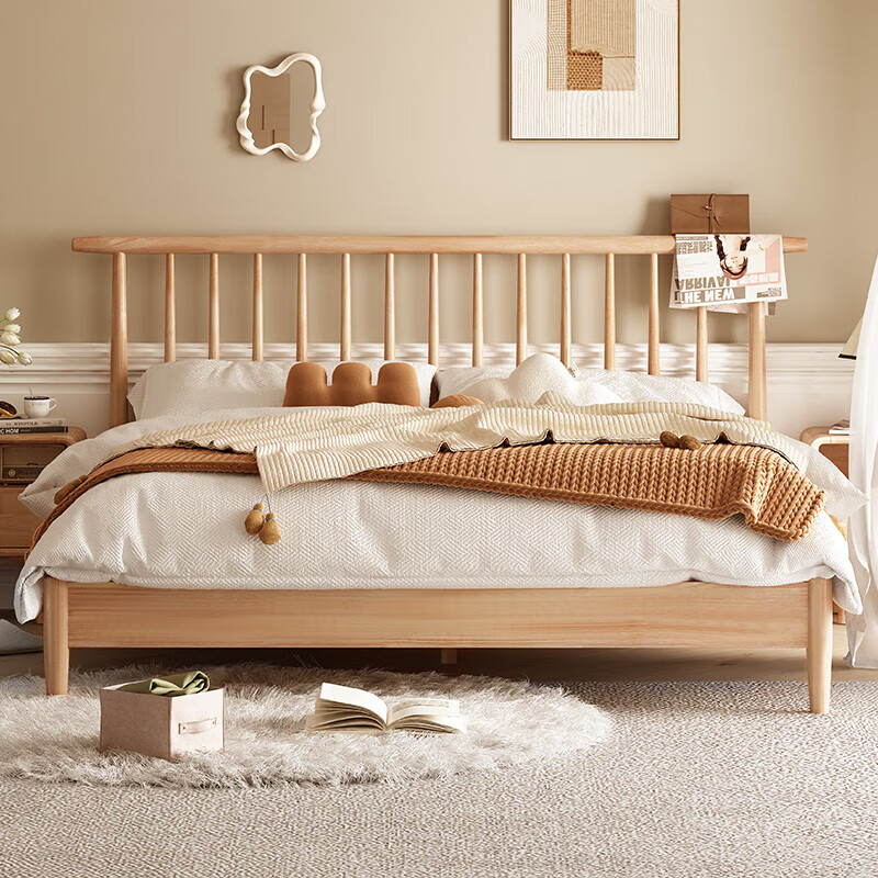 家逸 实木床主卧双人床北欧卧室家具轻奢现代简约1.5米婚床原木色 原木色【竖琴款】1.5米