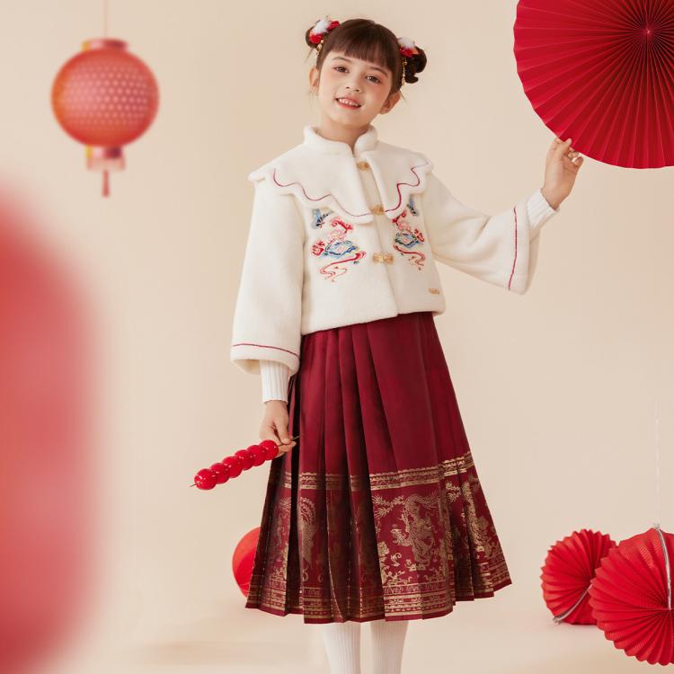 Hello Kitty 女童裙子冬装儿童加绒外套新年装红色拜年服