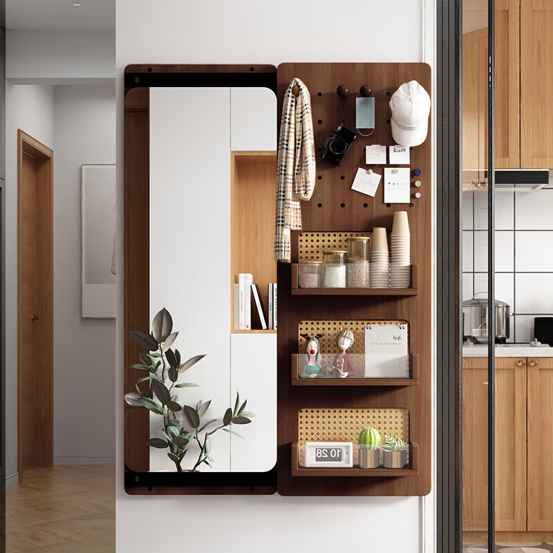 家逸全身镜藤可推拉隐藏式化妆镜家用卧室玄关穿衣镜 胡桃色