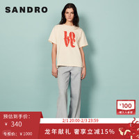 SANDRO春秋女装休闲撞色抽象LOVE字母印花短袖T恤上衣SFPTS01001 淡褐色（偏米） 2