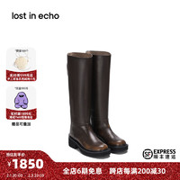 lost in echo 设计师品牌圆头牛皮高筒骑士靴长筒靴 棕色擦色 35