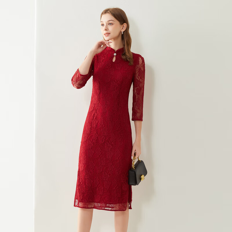 經典故事（JANE STORY）经典故事新式高贵旗袍女年轻款改良蕾丝旗袍连衣裙小个子 深红色 L