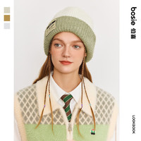 bosie 冬季帽子贴标撞色毛线帽男女同款 奶咖拼绿 均码
