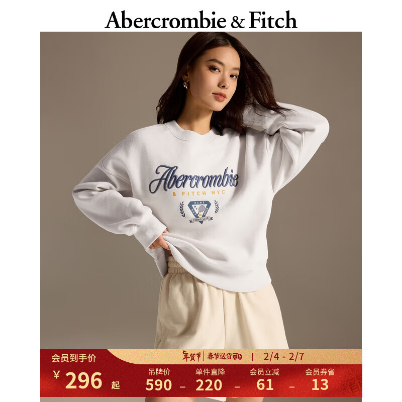 Abercrombie & Fitch 女装 24春美式休闲时尚加绒logo圆领卫衣 KI152-4032 奶白色 M (165/96A)