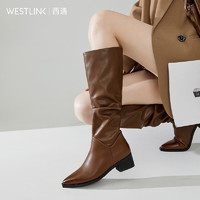 WESTLINK 西遇 西部牛仔靴女冬美式復古尖頭堆堆靴粗跟寬筒長靴子 棕色 35