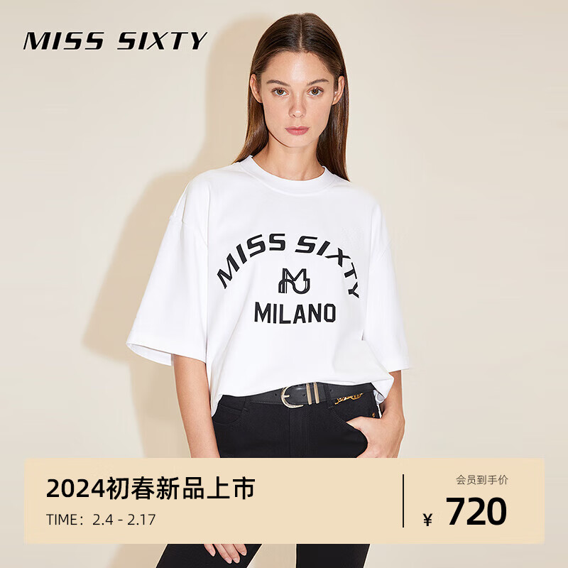 MISS SIXTY2024春季T恤女圆领字母印花撞色宽松落肩短袖休闲 漂白 XS