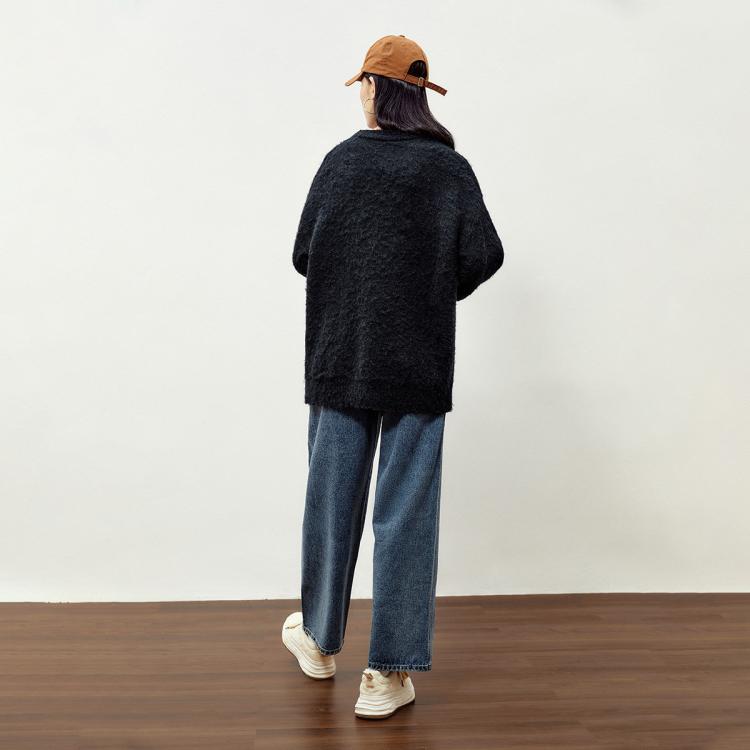 太平鸟女装 学院风拉毛毛衣女秋冬绿色主题纹样毛套衫加厚打底