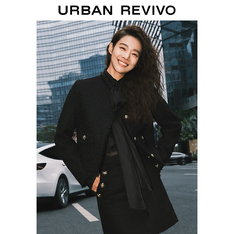 URBAN REVIVO UR2024春季女装法式小香金属扣外套UWG140002]春晚 正黑 S