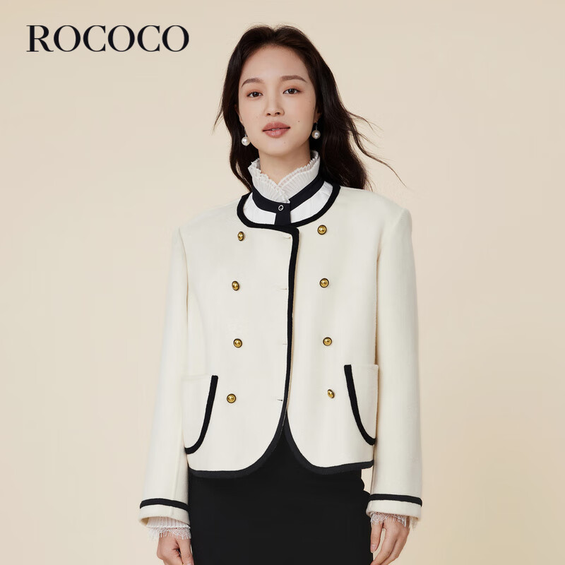 洛可可（ROCOCO）洛可可小香风毛呢外套女短款2023纯羊毛呢子上衣冬季 象牙白 S