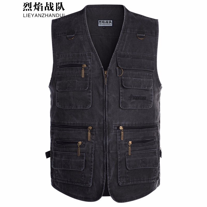 烈焰战队 马甲 男士中年2022秋季户外运动多口袋钓鱼马甲 摄影导演工装马夹 中老年时尚休闲全棉 黑色（五色马甲） 2XL（130-150斤）