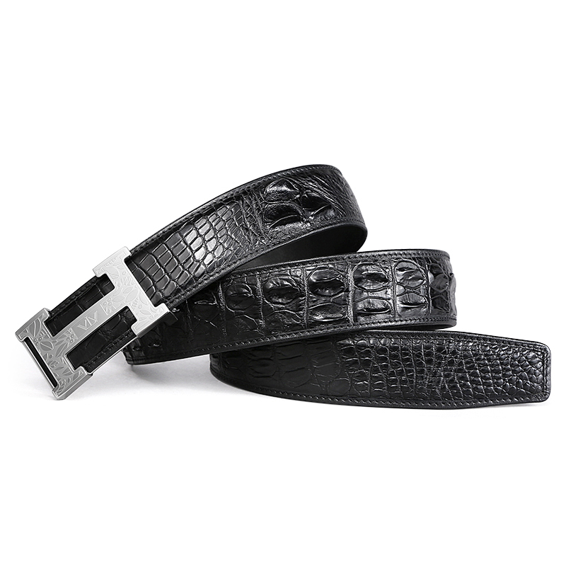 V.V.Brown意大利品牌真正鳄鱼皮皮带高档男腰带真皮轻奢新年 黑色银扣【礼盒装】