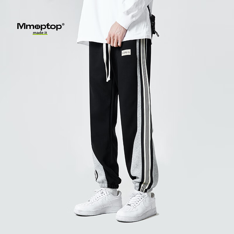 MMOPTOP潮流条纹束脚裤子男士冬季宽松加厚阔腿运动休闲裤CK652黑色XL XL（135-150斤）