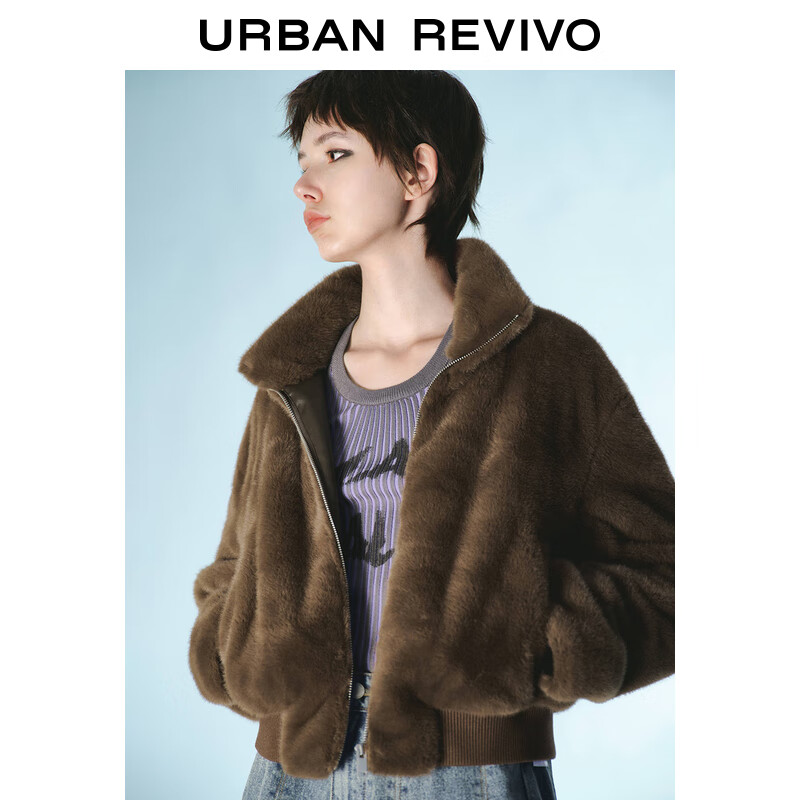 URBAN REVIVO UR2024春夏女装美拉德温暖软糯立领宽松毛毛外套UWV140020 咖棕 M