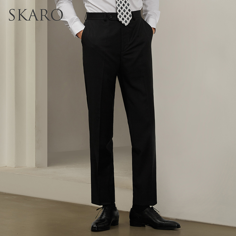 SKARO【可机洗羊毛 易打理】西装裤男商务正装修身高腰直筒九分裤 黑色SKD541-2（合身版） 48