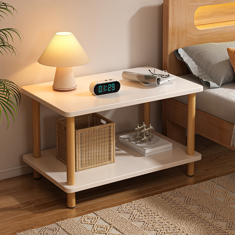 木匠印记床头柜卧室床边柜实木腿简约床头柜小型置物桌子床边桌沙发桌 【两层】暖白色60*40cm