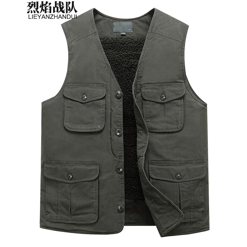 烈焰战队 马甲 男士中老年2021冬季加绒加厚多口袋宽松棉马夹 冬装老年人爸爸装保暖内搭棉坎肩 军绿色（22款） XXXL