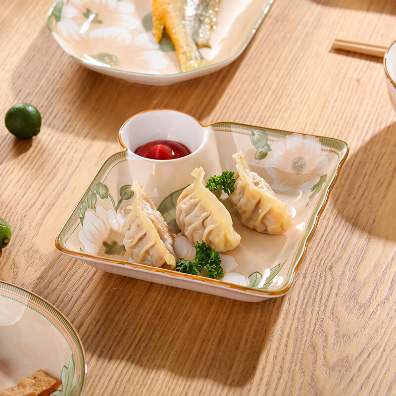 贺川屋 陶瓷盘子日式7.5英寸饺子盘带醋碟家用蘸料盘创意餐具 山茶花