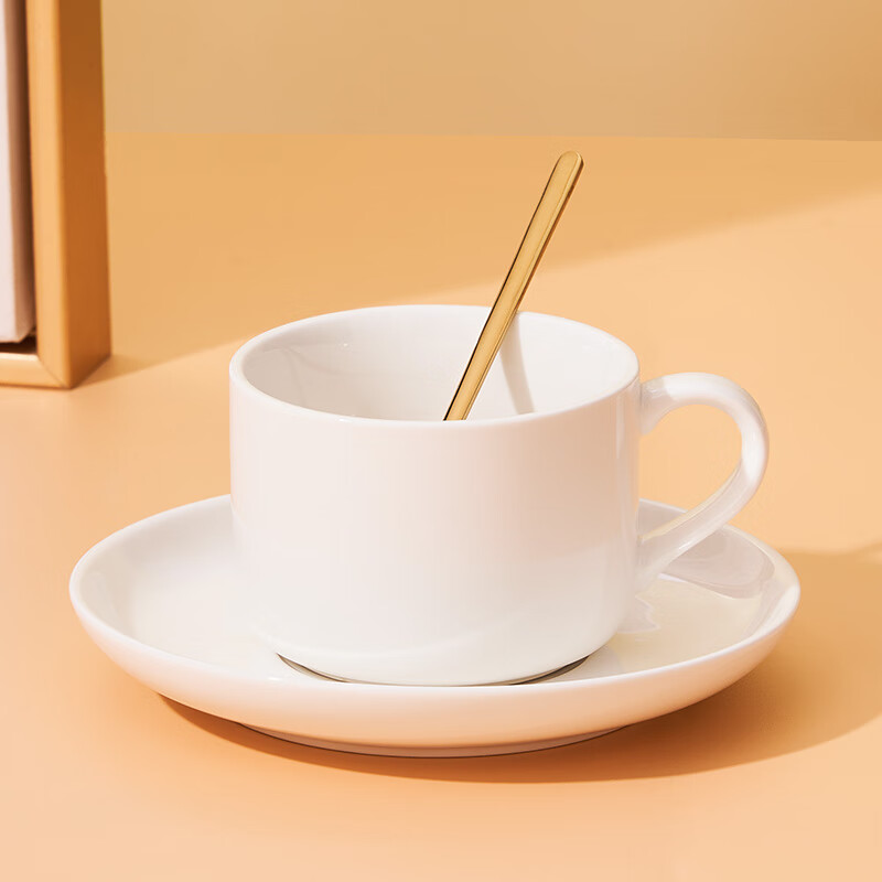 友来福陶瓷咖啡杯 欧式简约白色拉花咖啡杯套装220ml大容量马克杯带勺子 纯白色单杯碟+金色勺