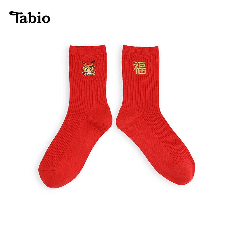Tabio龙年刺绣红袜子男女本命年袜子女潮袜袜新年中筒袜 福龙呈祥 22.5-24.5cm