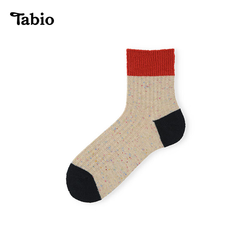 Tabio袜子男秋冬季含羊毛高弹透气外穿撞色中筒袜ins潮款男袜 杏&正黑 25-27cm