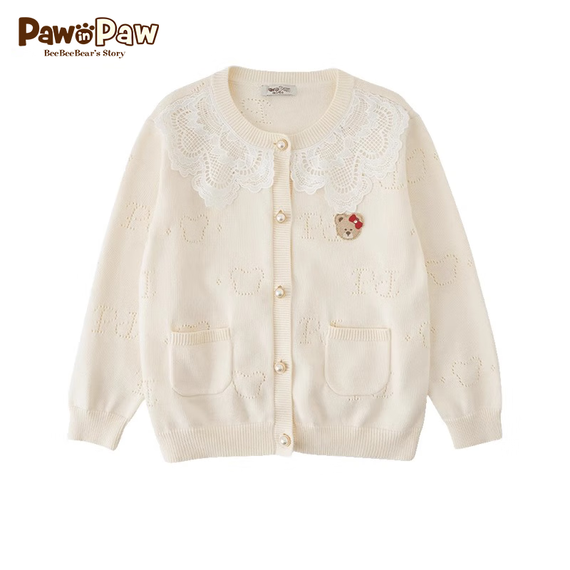 PawinPaw卡通小熊童装2024年春季女童针织开衫蕾丝边上衣 米白色/39 130