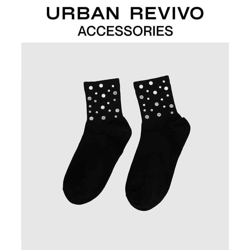 URBAN REVIVO2024春季女士潮酷钮钉中袜一双装UAWA40107 黑色 F