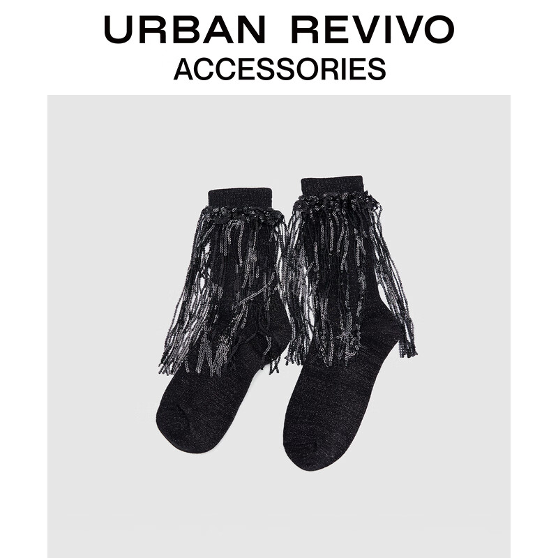 URBAN REVIVO 2024春季女士珠片流苏中袜一双装UAWA40026 黑色 F