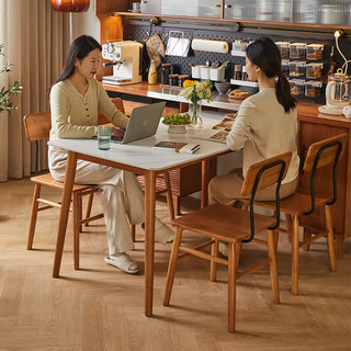 家逸实木岩板餐桌现代简约家用吃饭桌子小户型餐厅家具1.4米一桌四椅 1.4米+创意椅*4【樱桃木色】