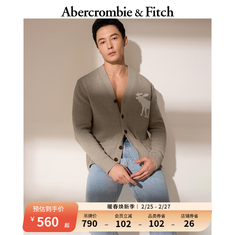 ABERCROMBIE & FITCH男装 24春美式时尚百搭麋鹿针织毛衣开衫 357135-1 浅棕色 XS (170/84A)