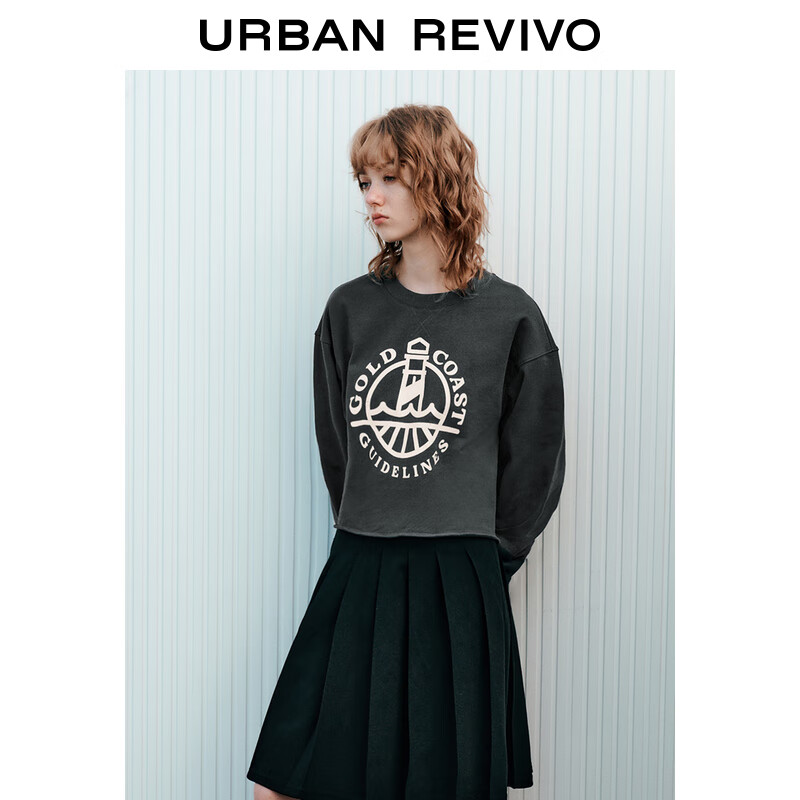 URBAN REVIVO UR2024春季女装时尚宽松休闲印花棉质圆领长袖T恤UWU440008 深灰 XS