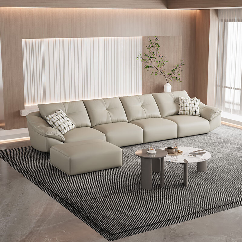 掌上明珠家居（M&Z）皮沙发客厅头层牛皮沙发意式简约直排三人位沙发 左3+右3+脚踏【奶白款】